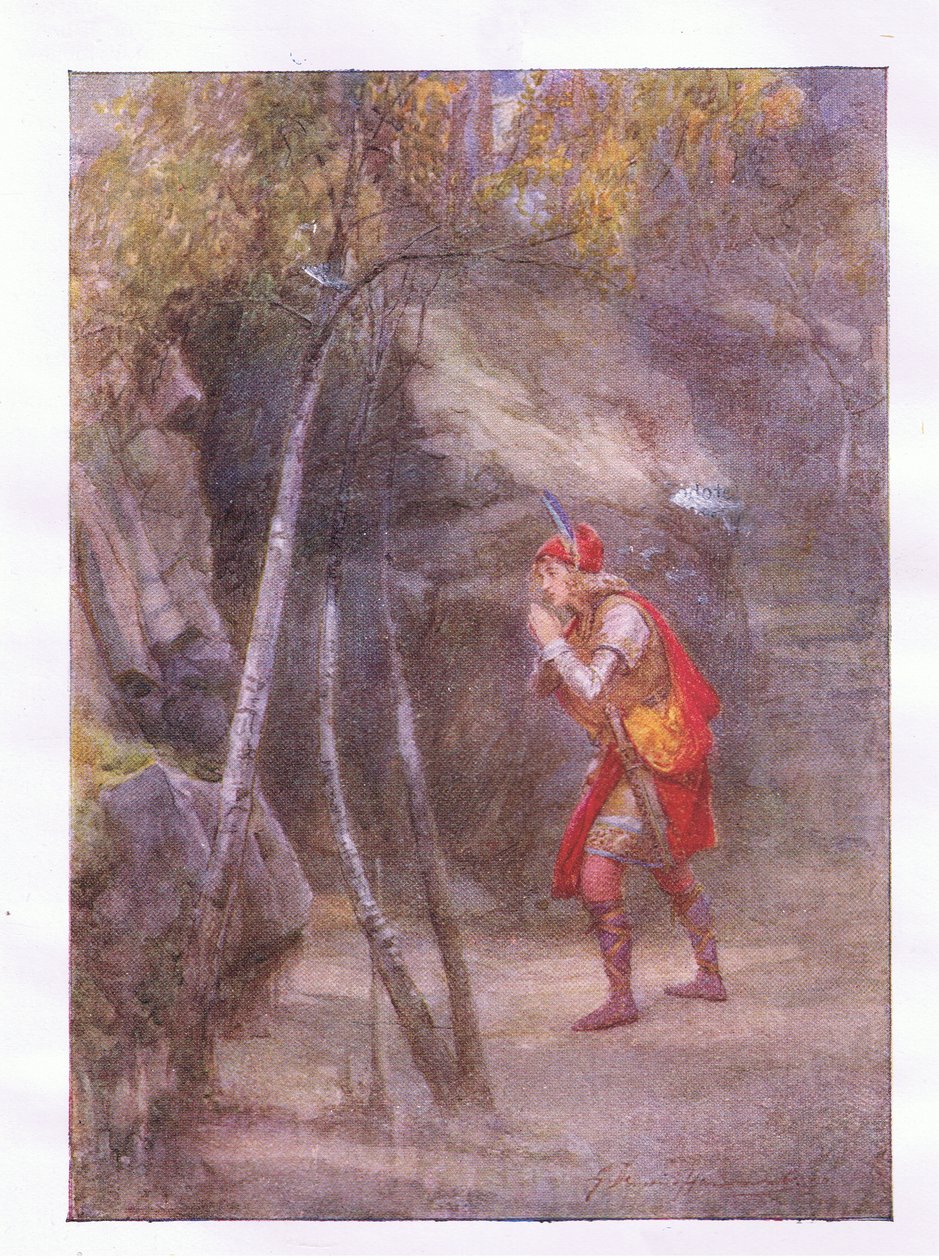 Nei! hvem er her? Hvis noe er det sivile tale (Cymbeline), fra The Complete Works of Shakespeare utgitt av George Harrap & Co Ltd, 1920-tallet av Hans Holbein der Jüngere