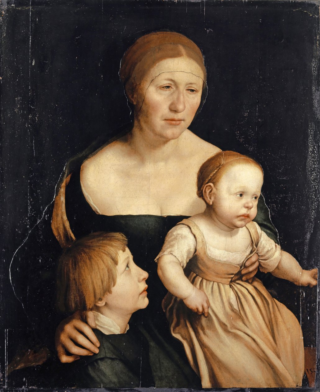 Portrett av kunstnerens kone med de to eldste barna, 1528-29 (blandet media på papir montert på tre) av Hans Holbein der Jüngere