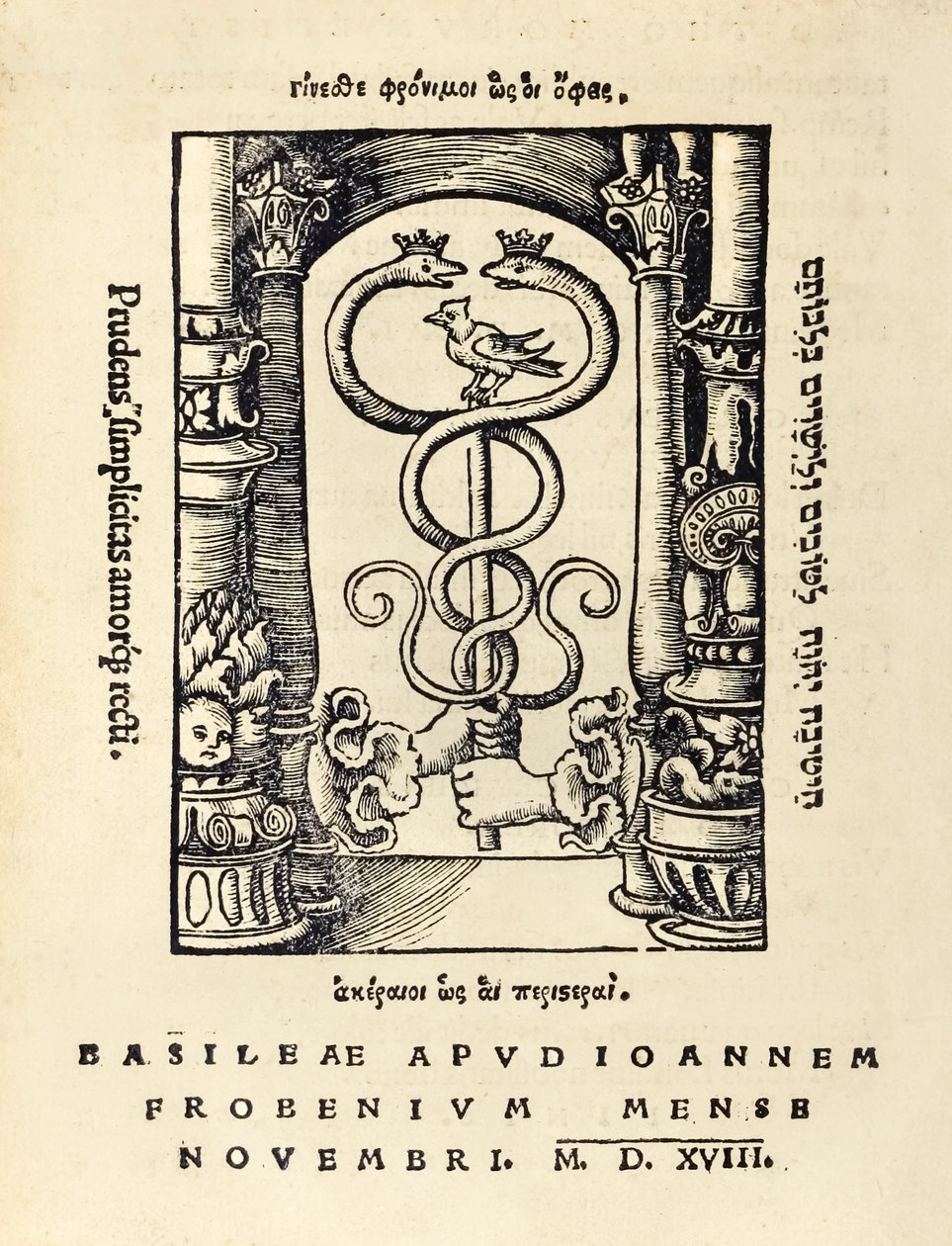 Trykkermerke av Johann Frobens (ca. 1460 -1527) som viser to hender som holder caduceus fra 1518 tredje utgave av 