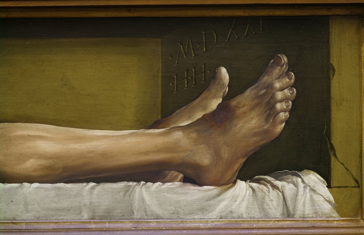 The Body of the Dead Christ, detalj av føttene og signatur og dato for verket, 1521 tempera på limewood av Hans Holbein der Jüngere