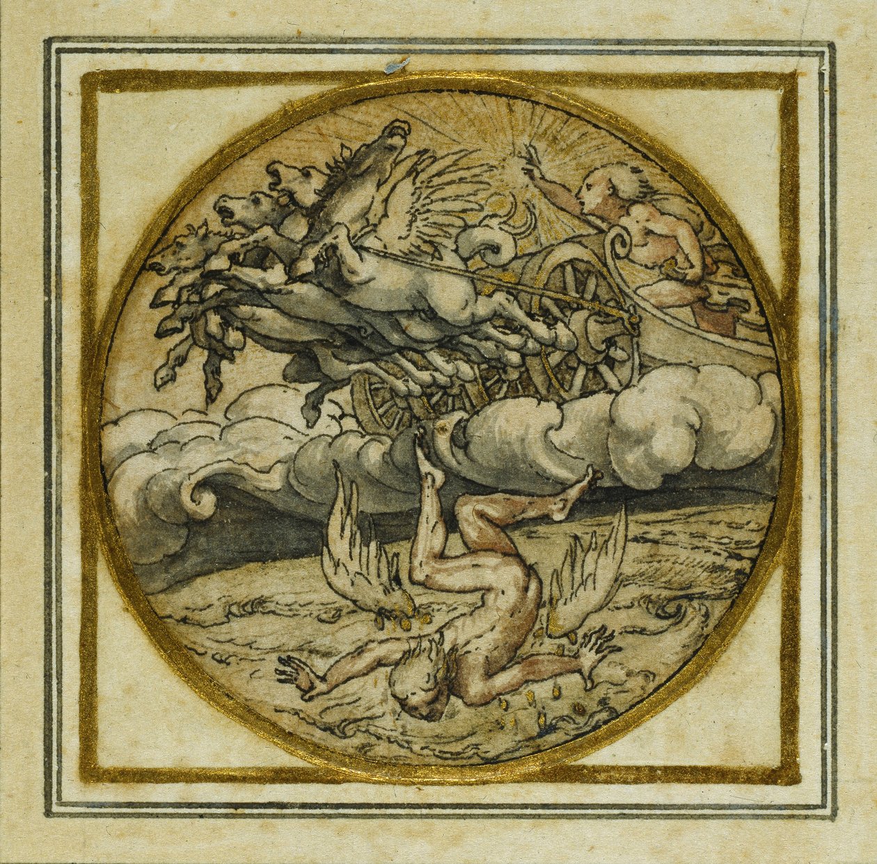 The Fall of Icarus - Design for et anheng eller hattemerke, ca. 1532-43 (penn og blekk på papir) av Hans Holbein der Jüngere
