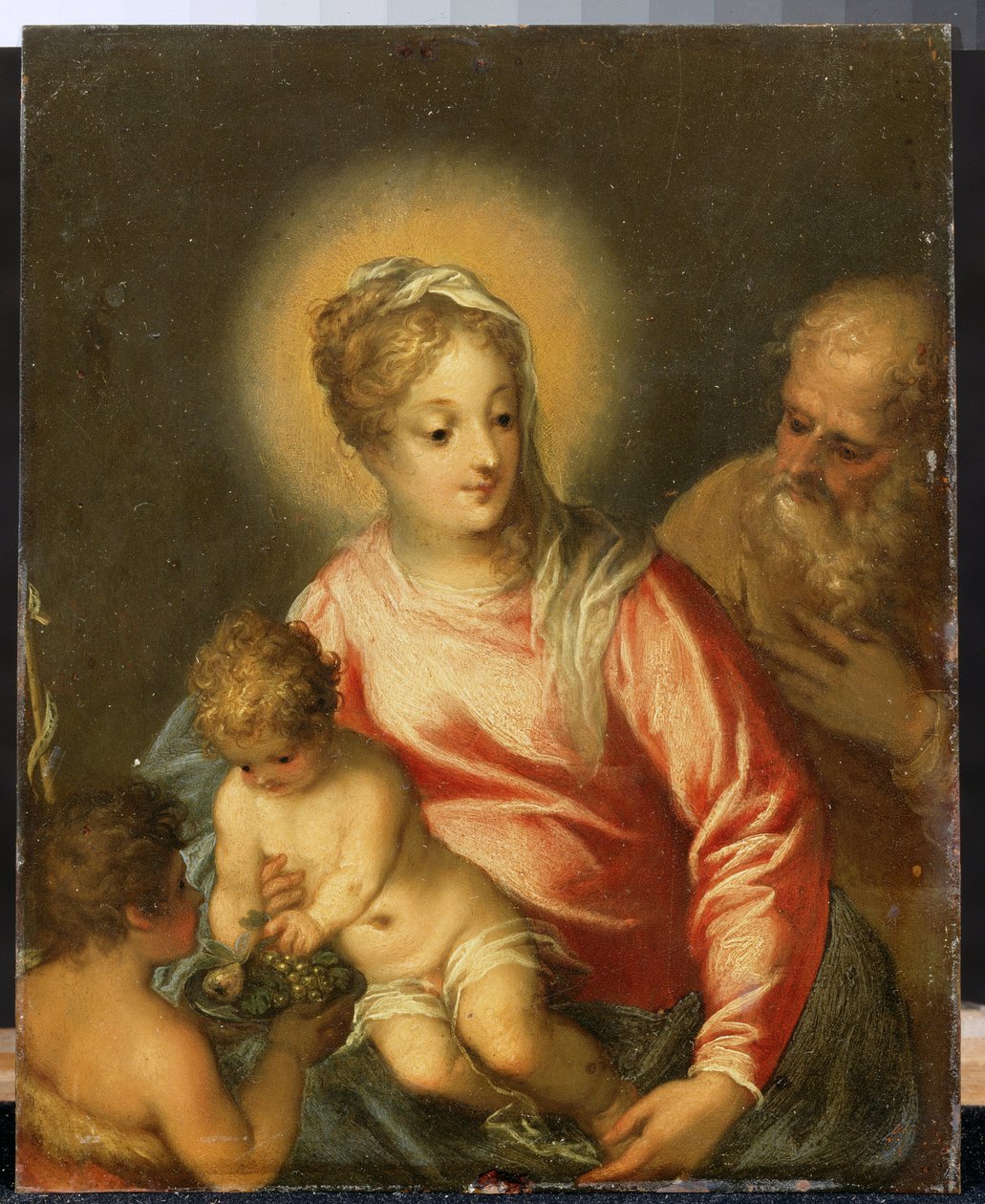 Den hellige familie med døperen Johannes. Maleri av Hans Rottenhammer Lyske (1564-1625). Olje på kobber, 27,5 x 35 cm, slutten av 1500-tallet tidlig på 1600-tallet. Tysk kunst, barokkstil. Pushkin kunstmuseum, Mos av Hans I or Johann Rottenhammer