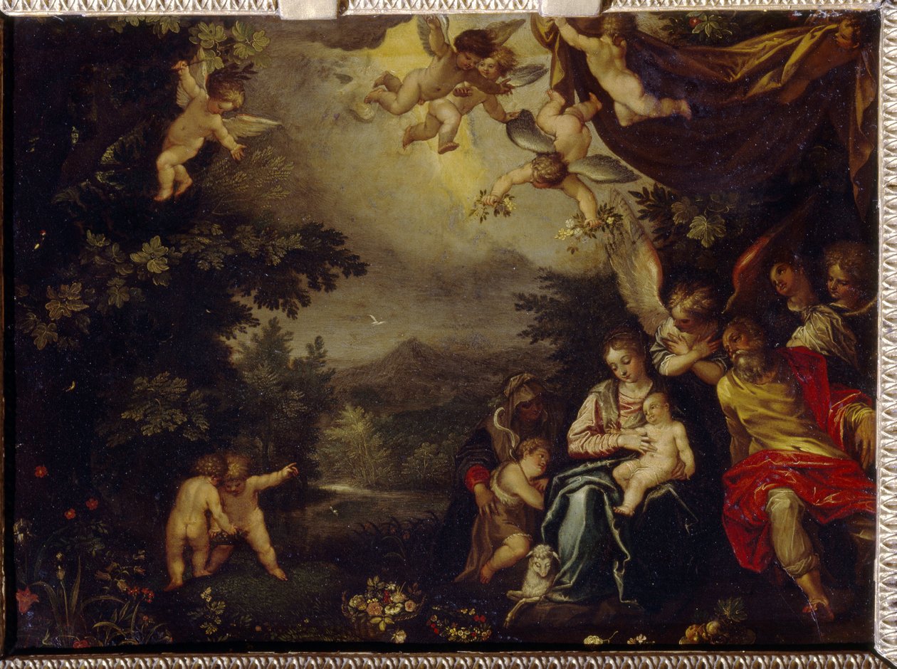 Den hellige familie med Saint Elizabeth og Saint John the Baptist. Maleri av Hans Rottenhammer Groin (1564-1625), olje på kobber. Tysk kunst, slutten av 1500-1600-tallet, barokkkunst. State A. Pushkin Museum of Fine Arts, Moskva. av Hans I or Johann Rottenhammer