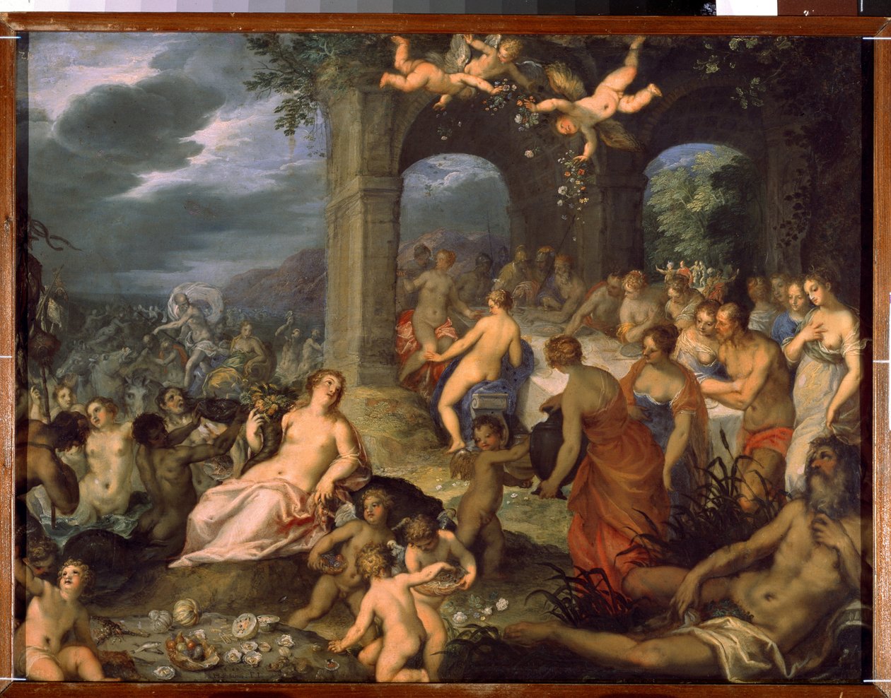 Gudsfesten, ekteskapet mellom Peleus og Thetis. Til venstre, Merin-guddommer (salamander og naider). I midten, jordgudinnen Tellus Mater (eller Terra Mater eller Gaia) med et abonhorn av Hans I or Johann Rottenhammer