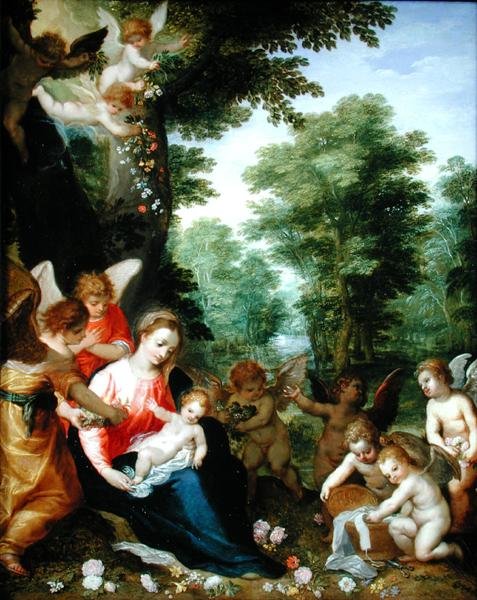Madonna og barn med engler i et landskap (olje på kobber) av Hans I or Johann Rottenhammer