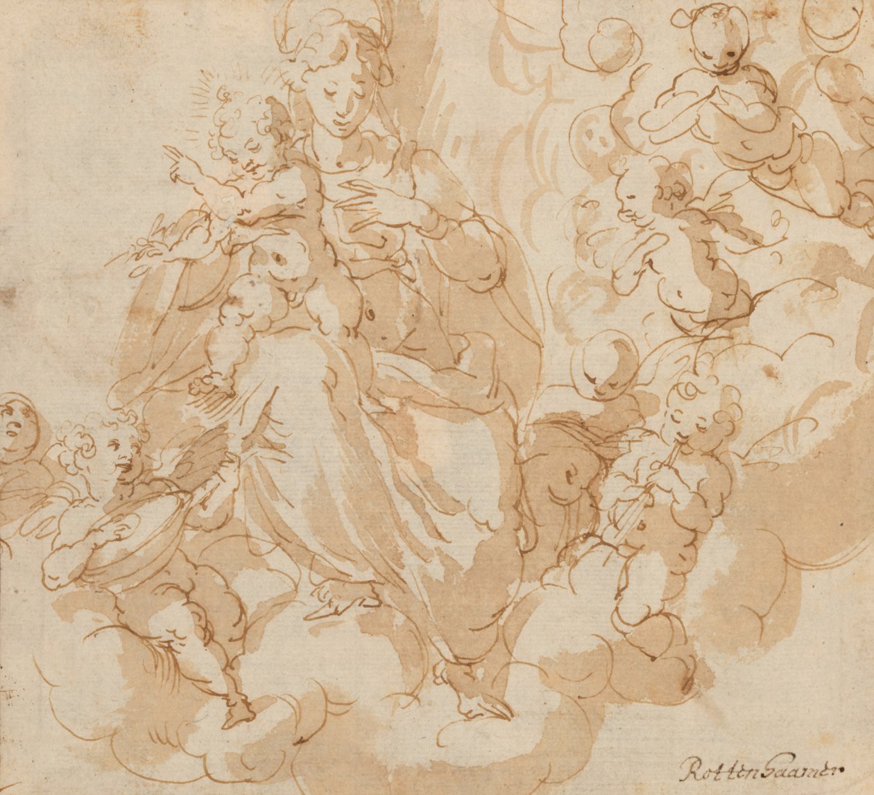 Recto: Jomfruen og barnet sittende på skyer, omgitt av putti av Hans I or Johann Rottenhammer
