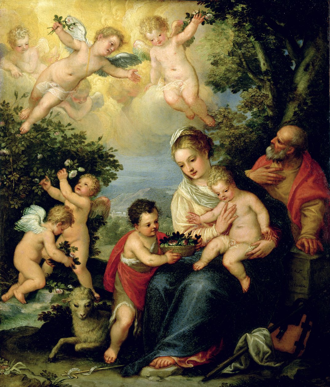 Den hellige familie med døperen Johannes og blomsterdispenseringsengler, (olje på kobber) av Hans I or Johann Rottenhammer