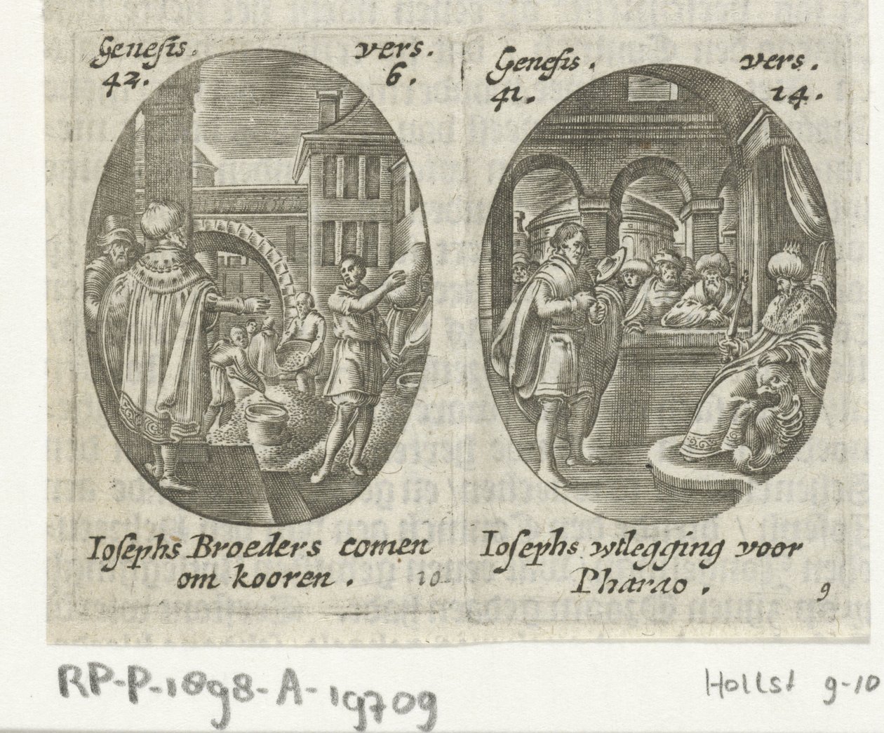 Jozef verkoopt koren aan zijn broers / Jozef verklaart de droom van de farao Scènes uit het leven van Jozef (series title)   1331966   no       norwegian Successfully Translated  Original: Katoenverwerker met zadel Watakuri uma (title on object) Een serie  av Hans Janssen