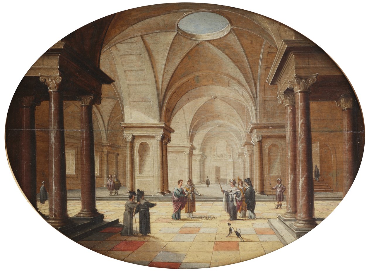 Et klassisk palassinteriør med Moses som forvandler faraos septer til en slange (olje på panel) av Hans Juriaensz. van Baden