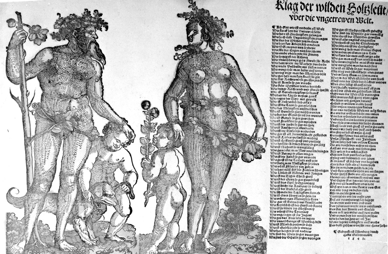 Bredside om tilbaketrekningen av skogens ville menn fra en verden som har endret seg til det verre, tresnitt laget av Hans Guldenmund, 1545 av Hans Leonard Schaufelein