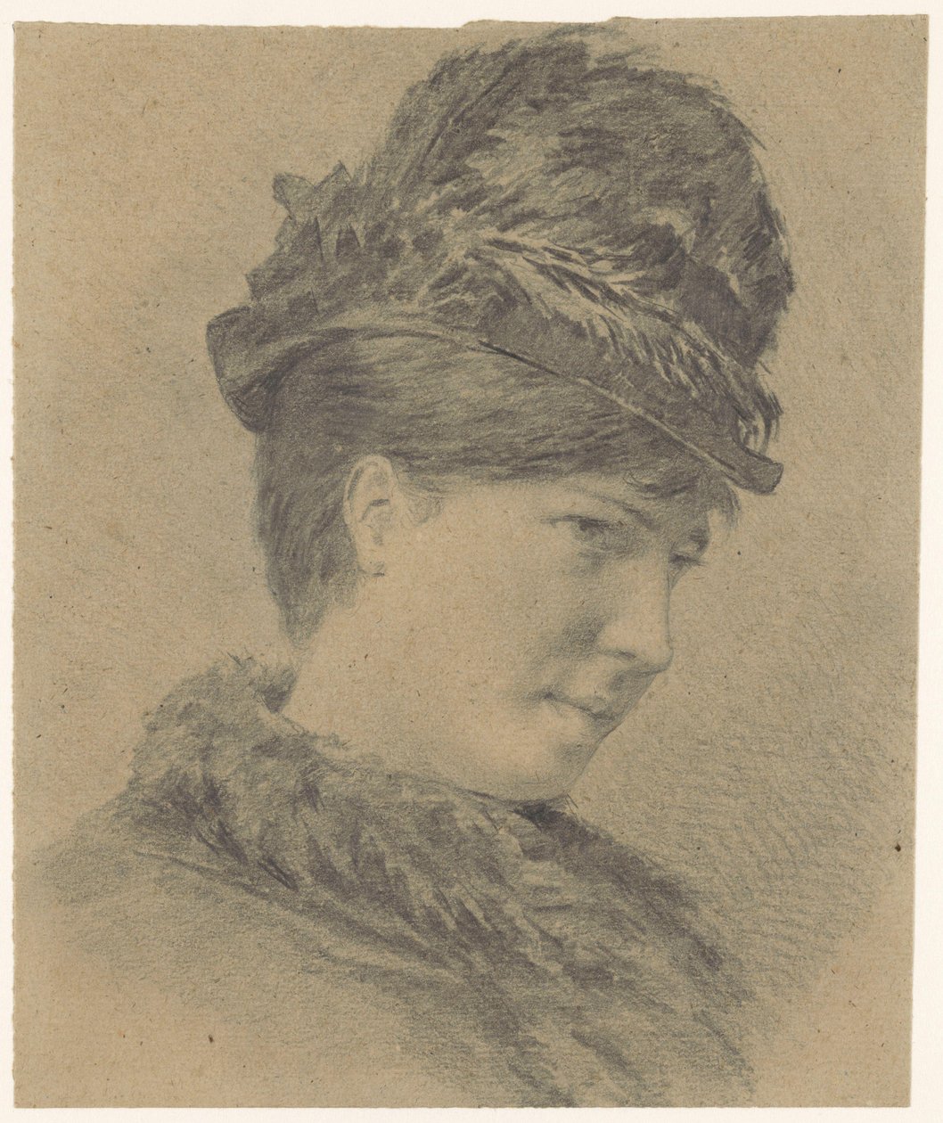 Portrett av en ung kvinne med en hatt med fjær av Hans Makart (possibly)