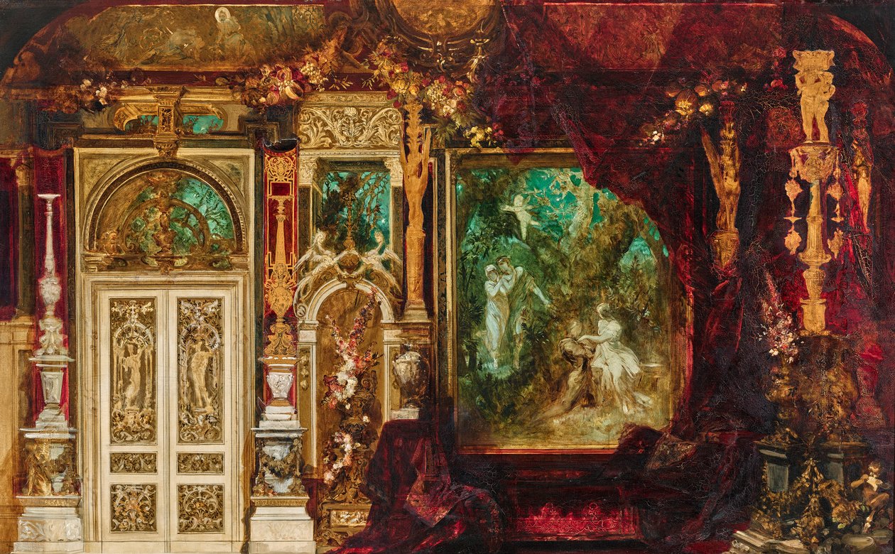 Utkast til dekorasjon for soverommet til keiserinne Elisabeth i Hermesvilla (midtscenen: En midtsommernattsdrøm) av Hans Makart