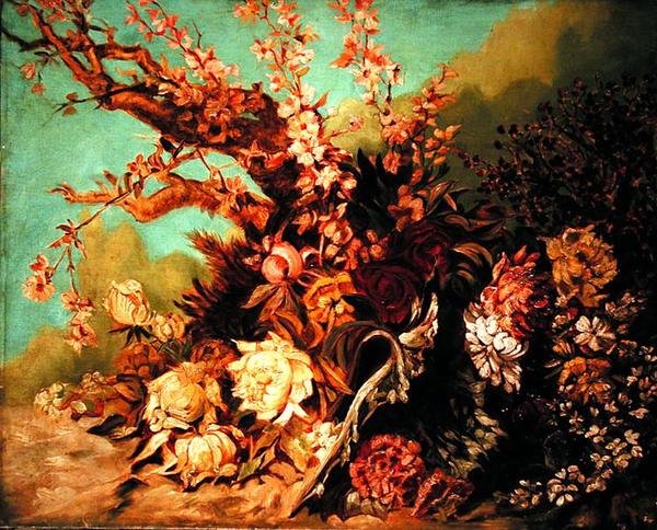 Blomsterarrangement med blomstergrener og peoner, ca. 1884 (olje på lerret) av Hans Makart