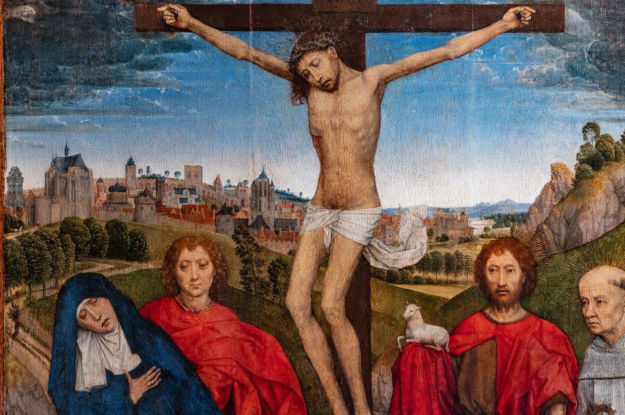 Korsfestet Kristus med jomfruen, døperen Johannes og evangelisten, Maria Magdalena og to cistercienserabbeder, detalj av Hans Memling