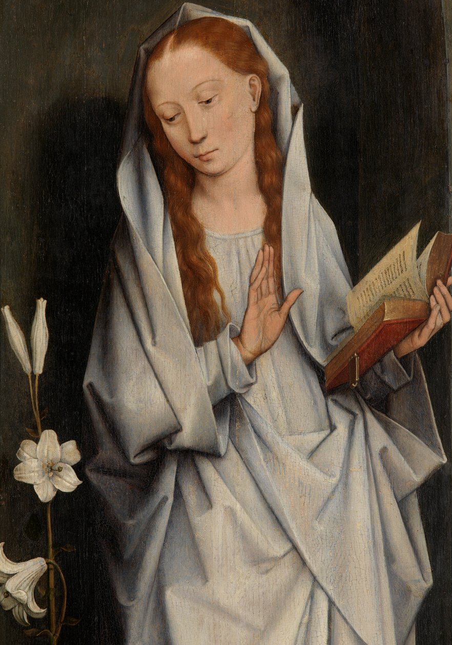 Detalj av jomfruen, fra baksiden av et par vinger som viser kunngjøringen (olje på panel) av Hans Memling