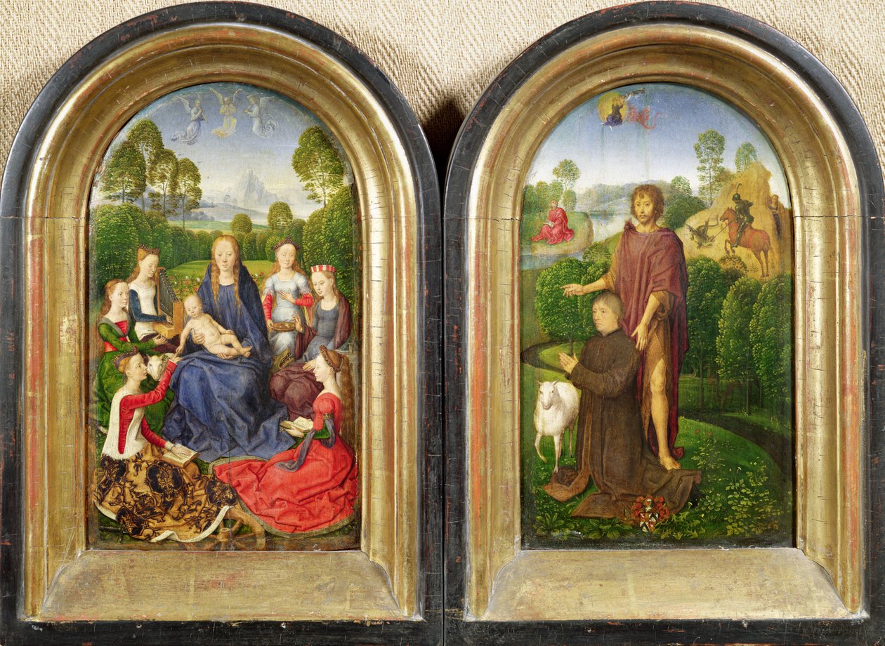 Diptyk av Jean du Cellier: Jomfruen og barnet med de hellige og giveren presentert av døperen Johannes, ca. 1490 av Hans Memling
