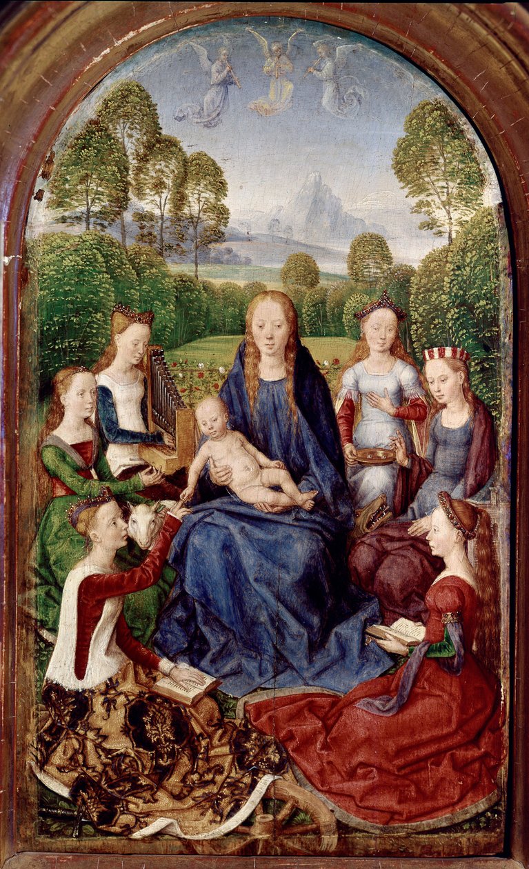 Diptyk av Jean du Cellier: Jomfru og seks helgener (olje på panel av Hans Memling