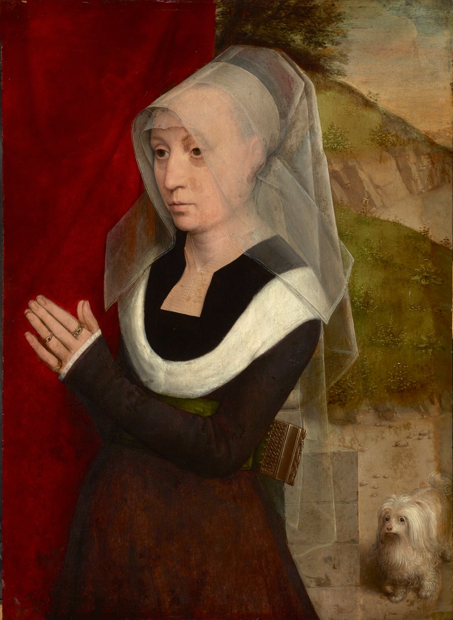 Femme en priere avec son chien - Bedende kvinne med sin hund, av Memling, Hans (1433/40-1494). Olje på tre av Hans Memling