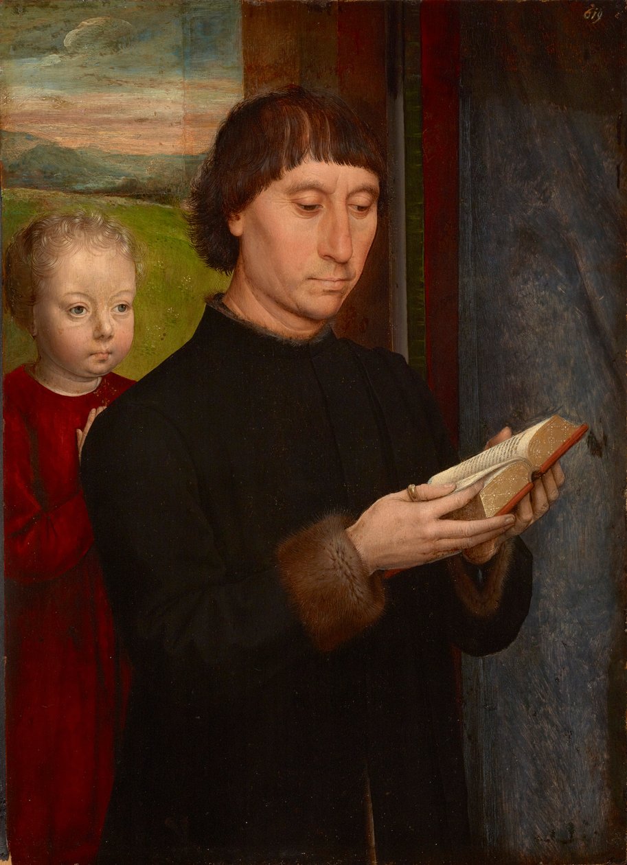 Homme en priere avec son fils defunt - Bønnemann med sin avdøde sønn, av Memling, Hans (1433/40-1494). Olje på tre av Hans Memling