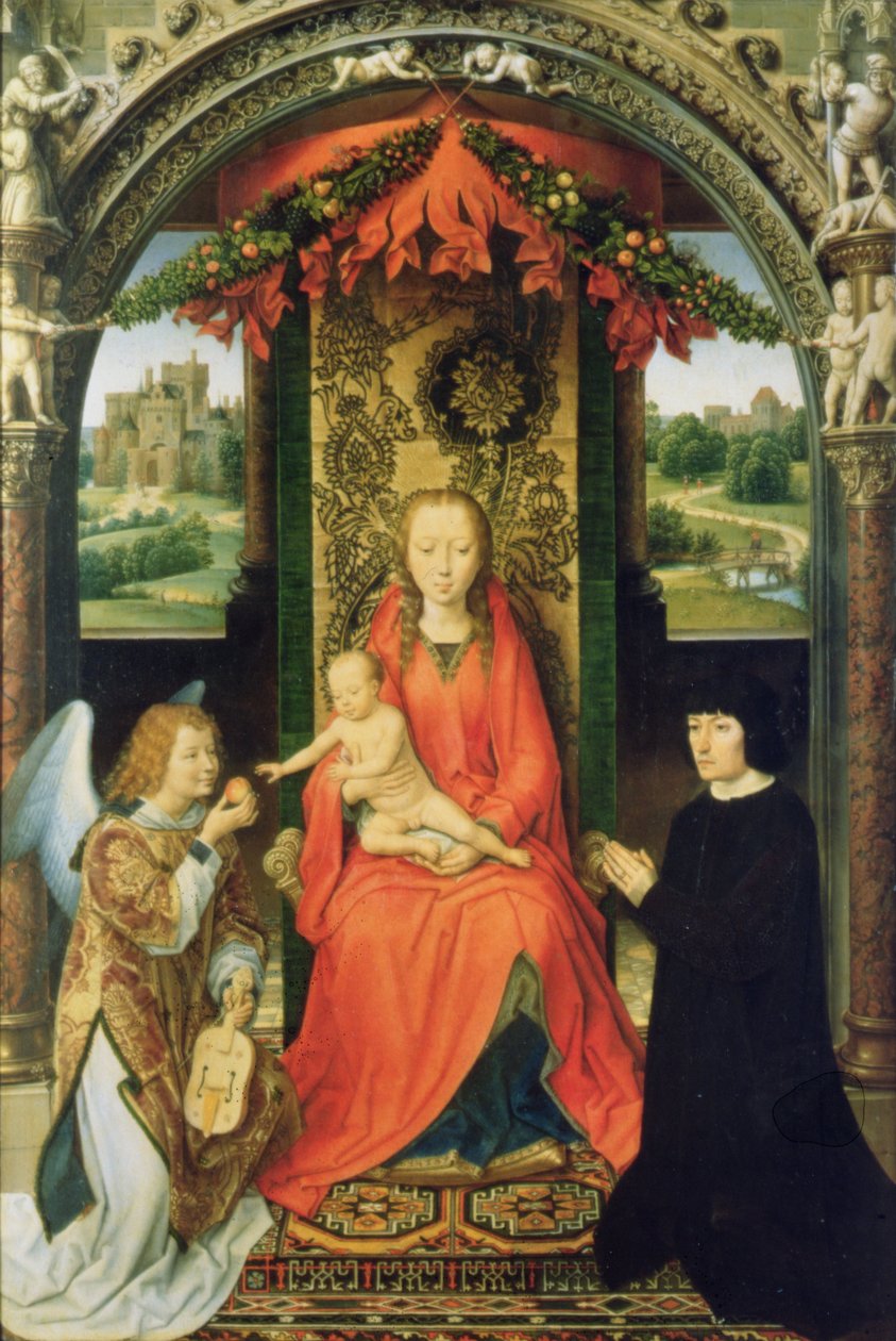 Madonna og barn med givere og en engel, sentralpanel i en triptyk, 1485-90 (panel) av Hans Memling
