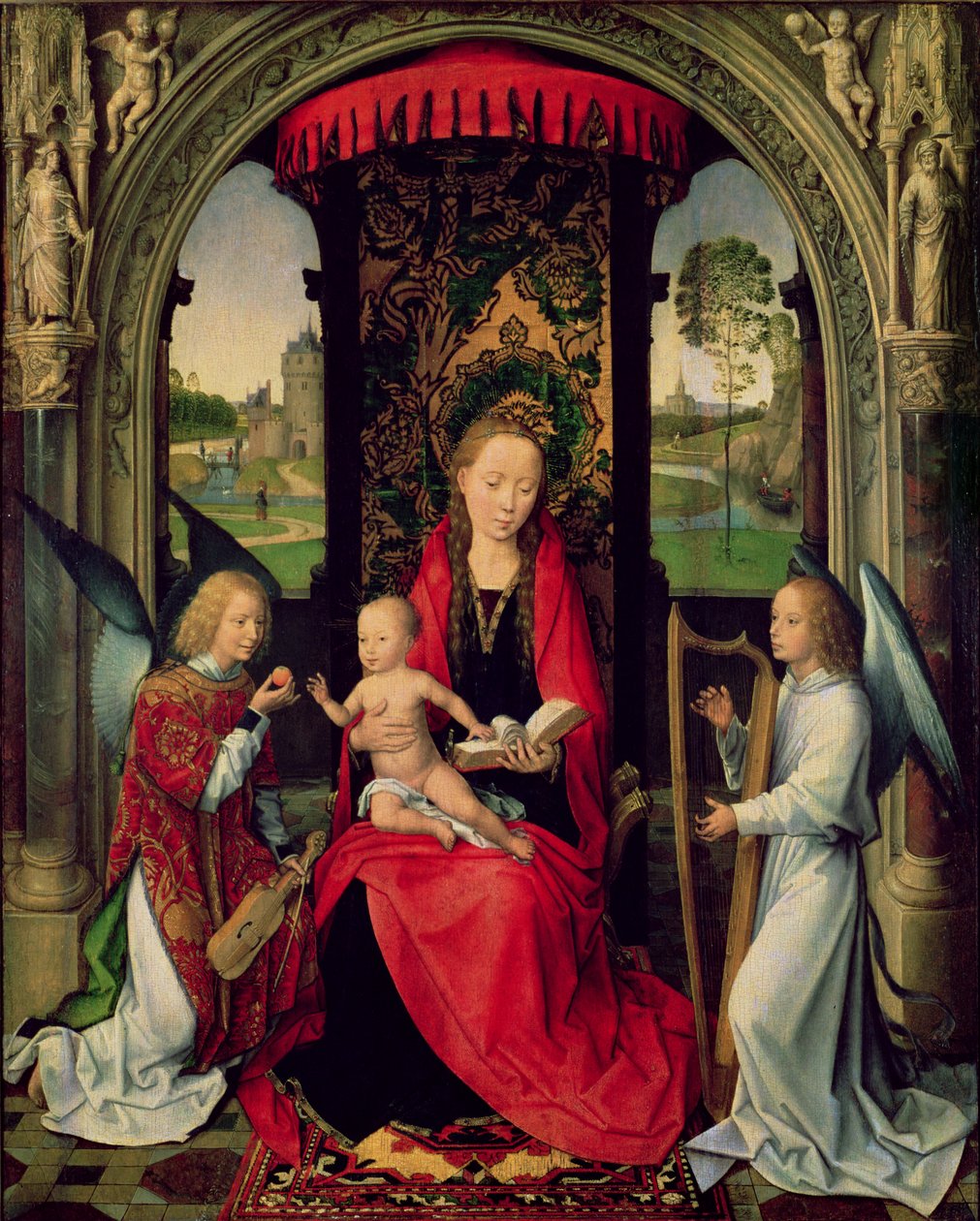 Madonna og barn med to engler (olje på panel) av Hans Memling