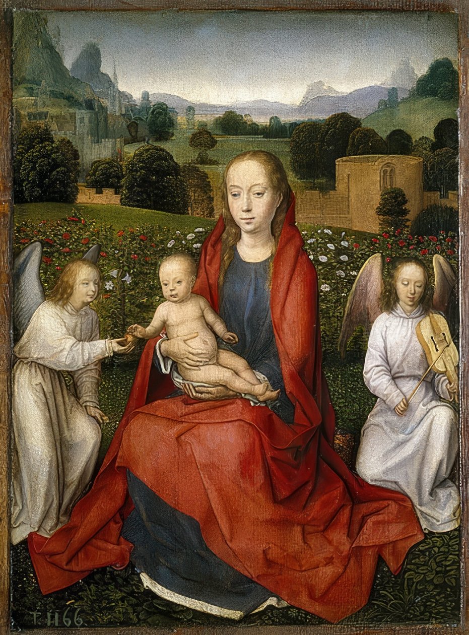 Madonna med barnet og to engler. 1480-90 av Hans Memling