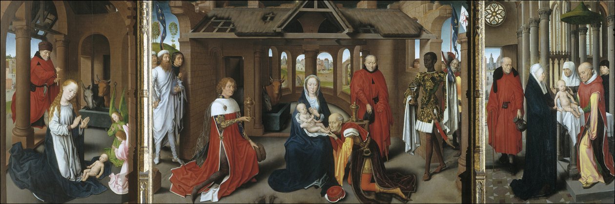 Fødsel. Tilbedelsen av magiene. Presentasjonen av Jesus ved tempelet, 1479-1480 av Hans Memling