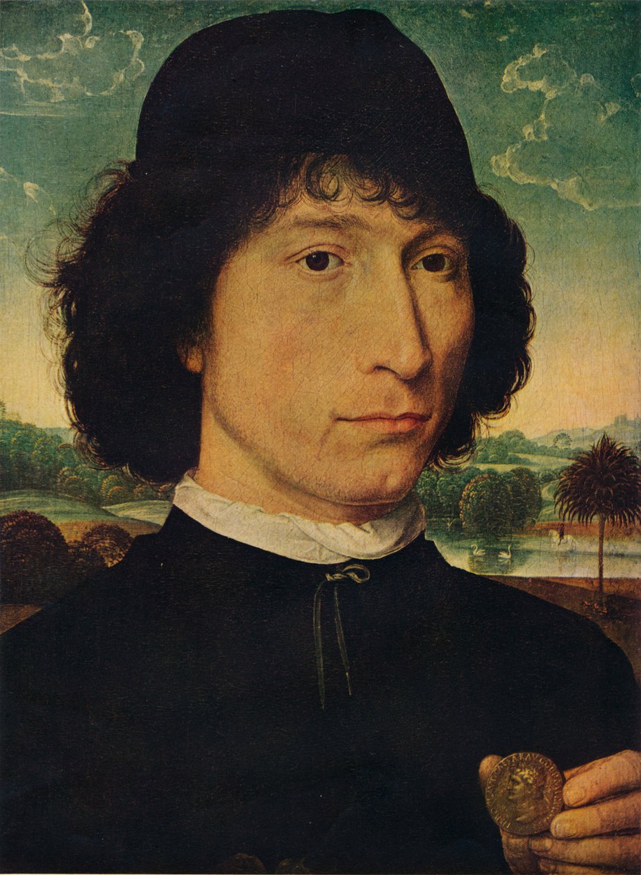 Portrett av en mann som holder en mynt av keiser Nero, 1474 av Hans Memling