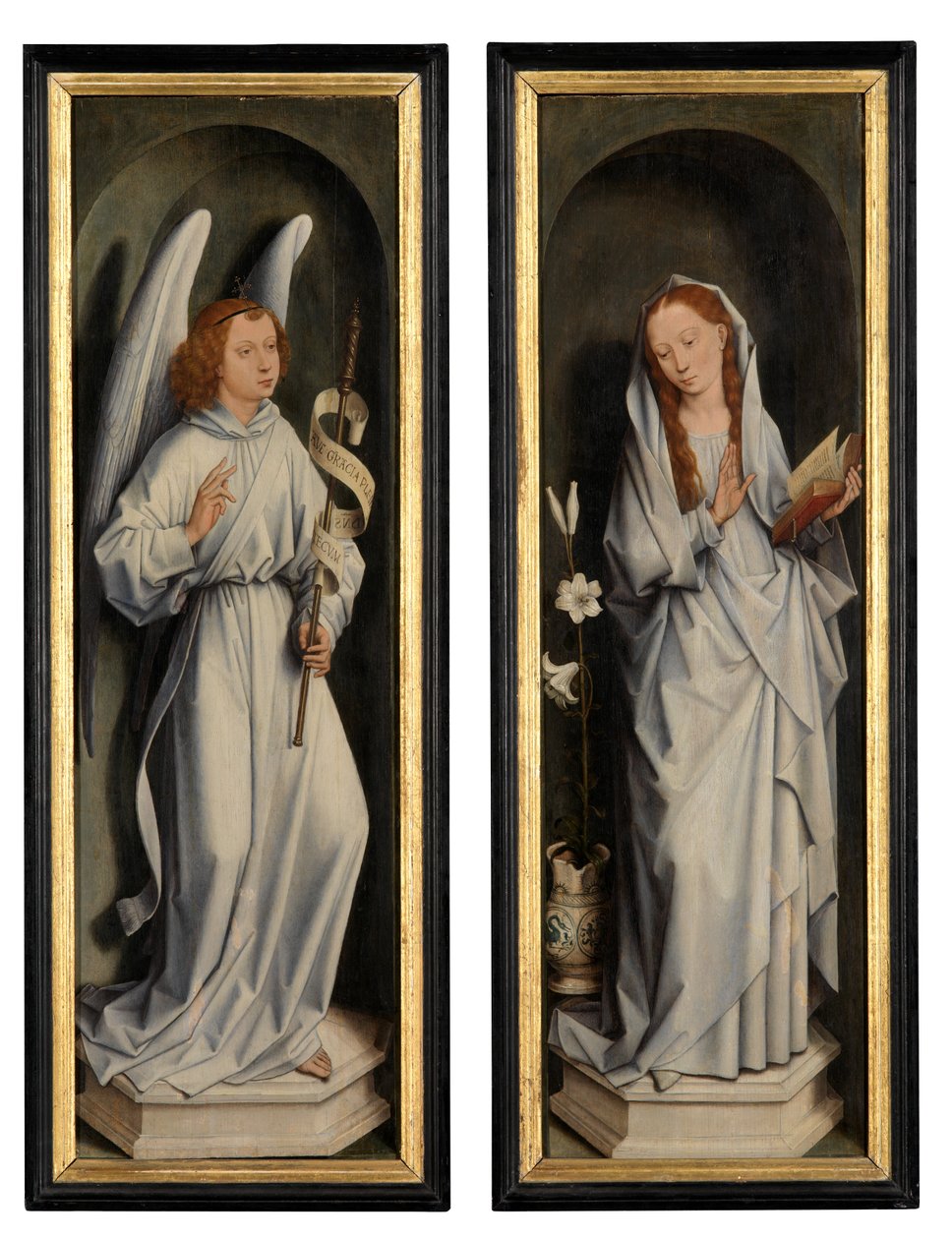 Baksiden av et par vinger som viser kunngjøringen (olje på panel) av Hans Memling