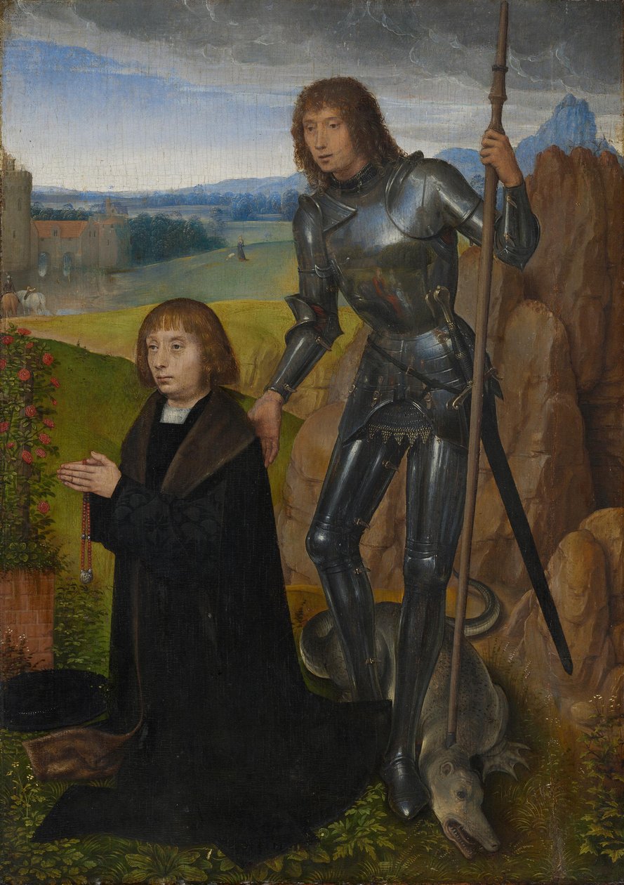 Panel fra en diptyk: Sankt Georg med donor (yttersiden adskilt; se inv. nr. 1401) av Hans Memling