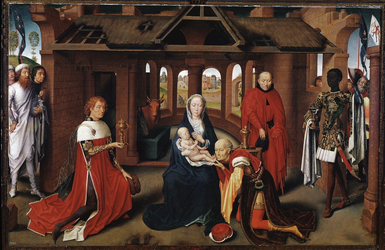 Magiene som Charles the Temerary og Philip the Good. Sentralpanel av tilbedelsen av magiene (Detrempe på tre av Hans Memling