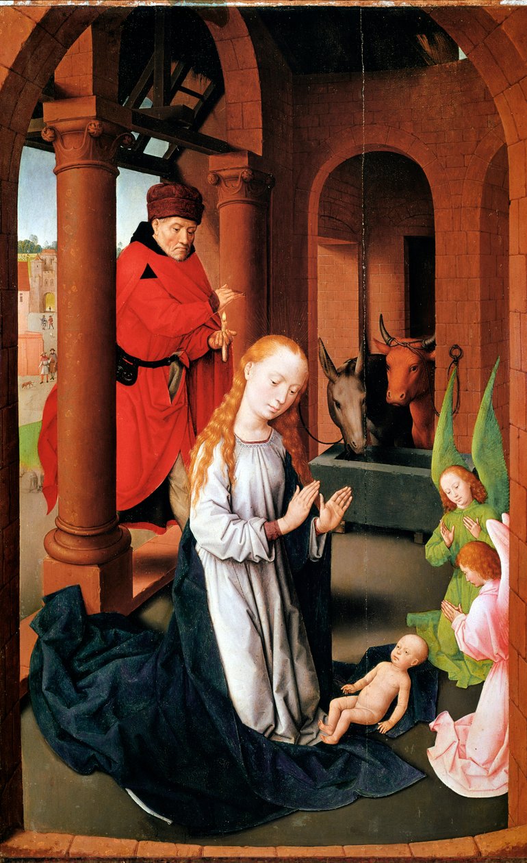 Fødselen. Venstre panel av Triptych of Adoration (Detrempe på tre, ca. 1470) av Hans Memling