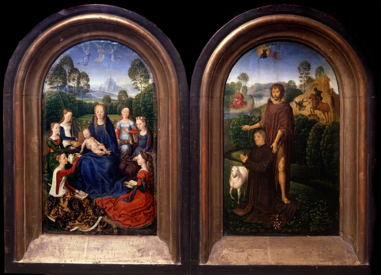 Jomfruen og barnet omgitt av Saintes, giveren og døperen Johannes Diptyk - Maleri av Hans Memling (1435-1494) (ec flam) Paris fra 1400-tallet, Louvre-museet av Hans Memling