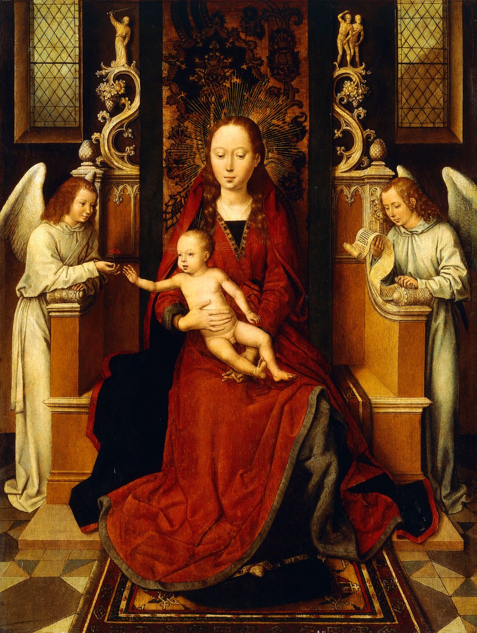 Jomfruen og barnet tronet med to engler, av Hans Memling