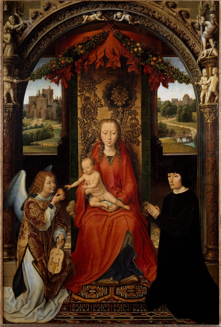 Jomfruen og barnet med giveren og en musiker-engel. (Maleri, ca. 1485) av Hans Memling