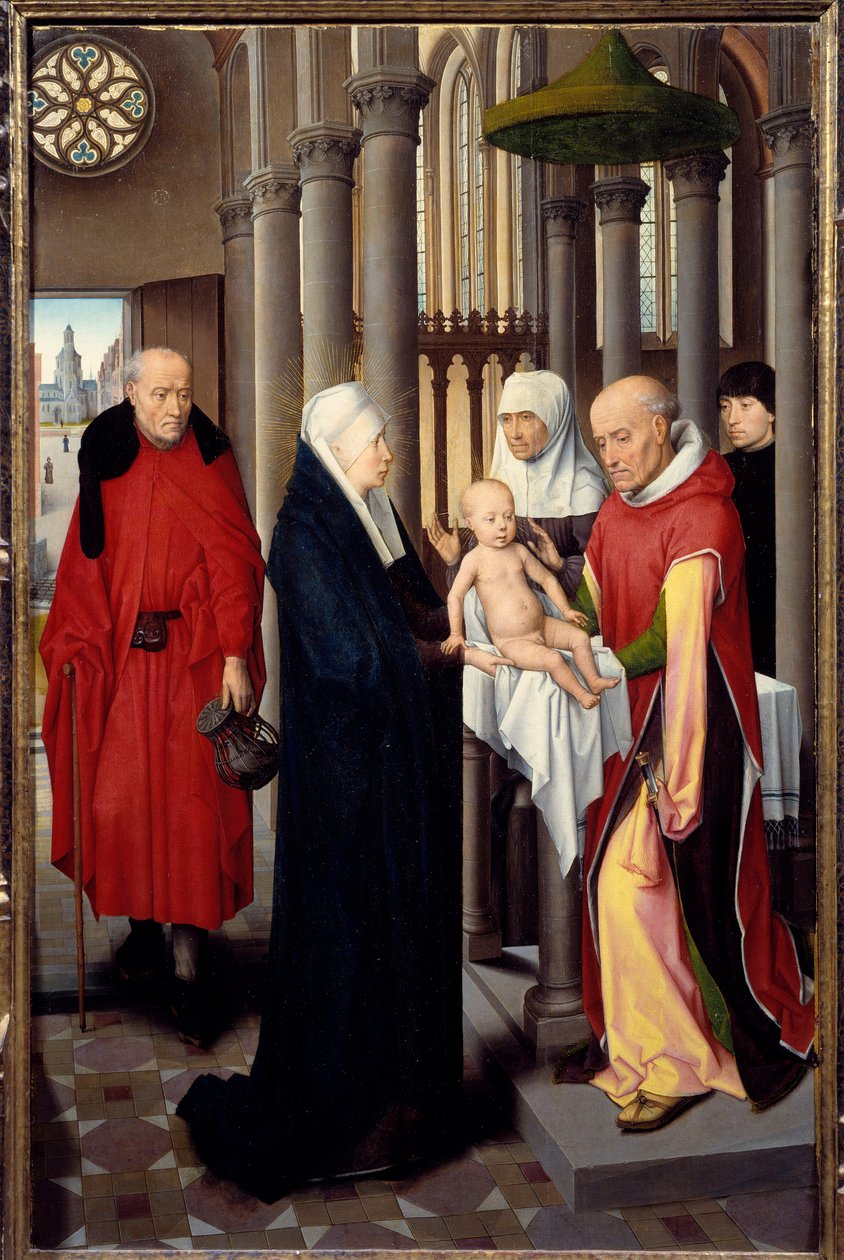Triptych of Adoration of the Magi. Detalj av høyre panel: Presentasjon ved tempelet. Detrempe på tre av Hans Memling (1433-1494), ca 1470. Madrid. Prado-museet av Hans Memling