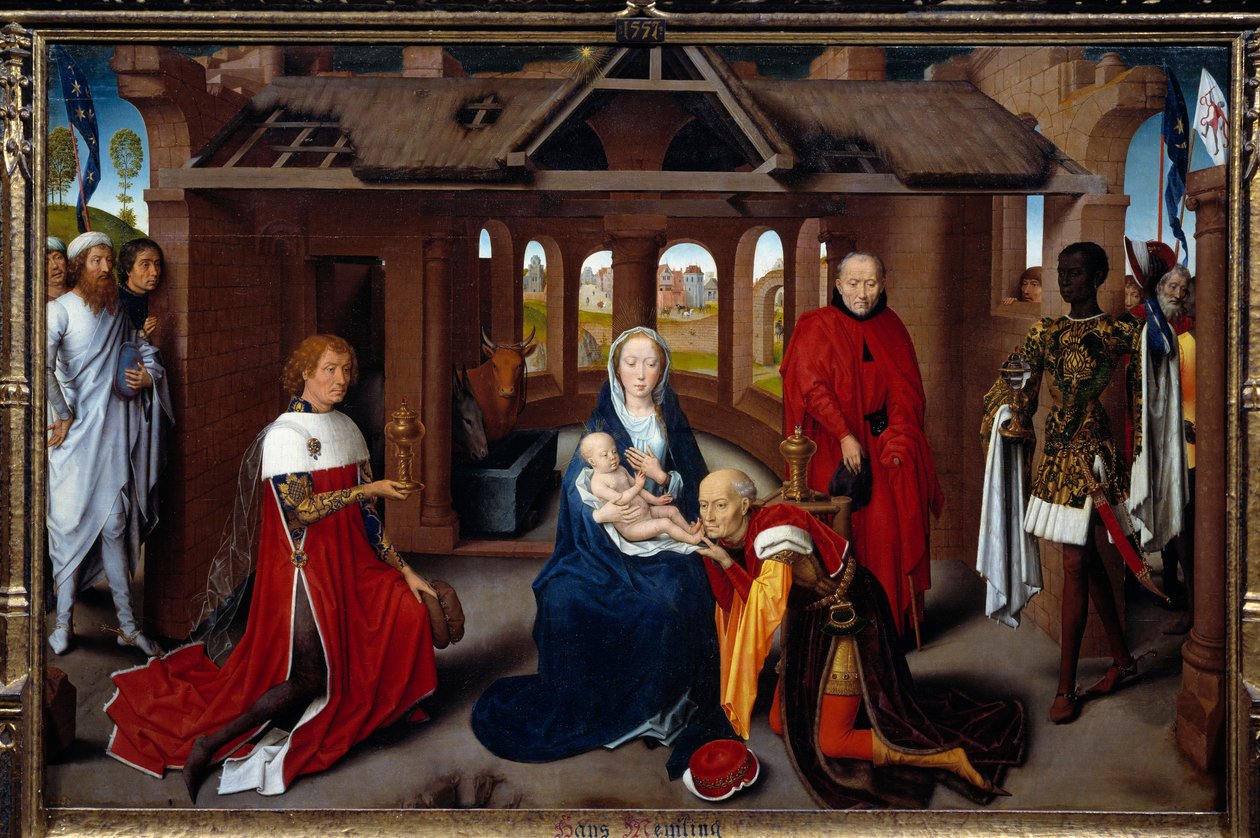 Triptych of Adoration of the Magi: sentralpanel. Magiene er som Charles the Temeraire og Philip the Good. Detrempe på tre av Hans Memling (1433-1494). ca 1470, søn. 0,95x1,45 m Madrid. Musee du Prado. - Triptych of the Adoration of the Magi: cent av Hans Memling