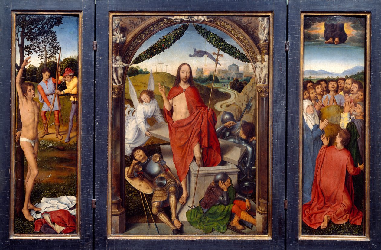 Triptyk om oppstandelsen. Til venstre: Martyrium of San Sebastian. Høyre: Kristi himmelfart. I sentrum oppstandelsen. Maleri av Hans Memling (1435-1494) Ec. Flam. av Hans Memling