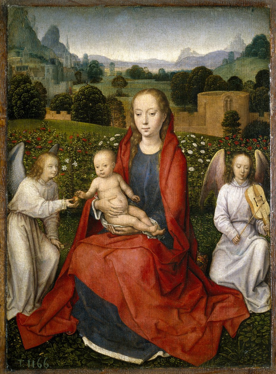 Jomfru og barn og to engler, 1480-1490 av Hans Memling