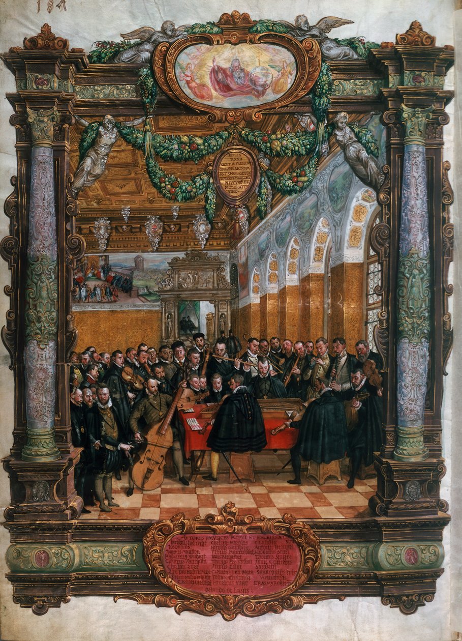 Orlando di Lasso (1532-1594), nederst til venstre, på konsert for hertugen Albrecht V av Bayern ved hoffet i München av Hans Mielich or Muelich