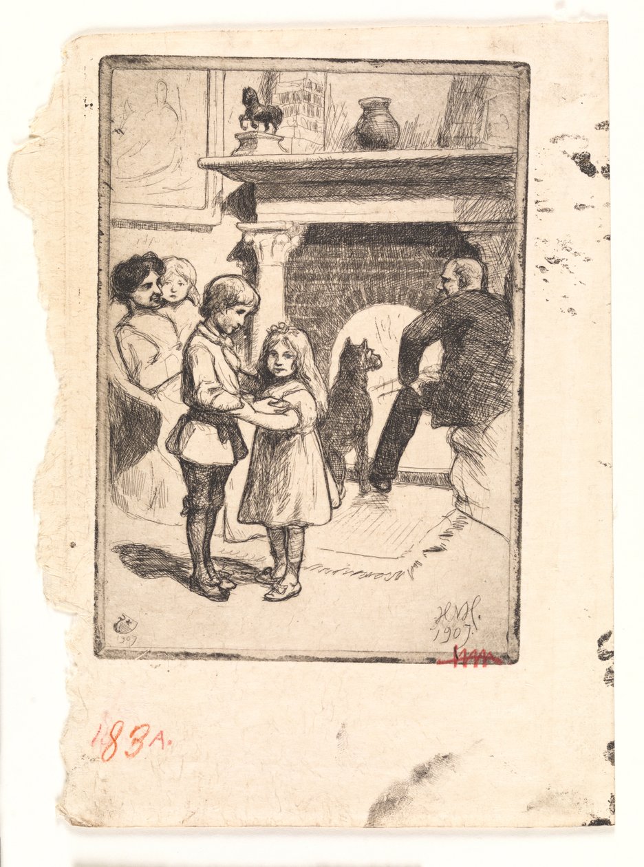 Nyttårskort (familien ved peisen) av Hans Nikolaj Hansen