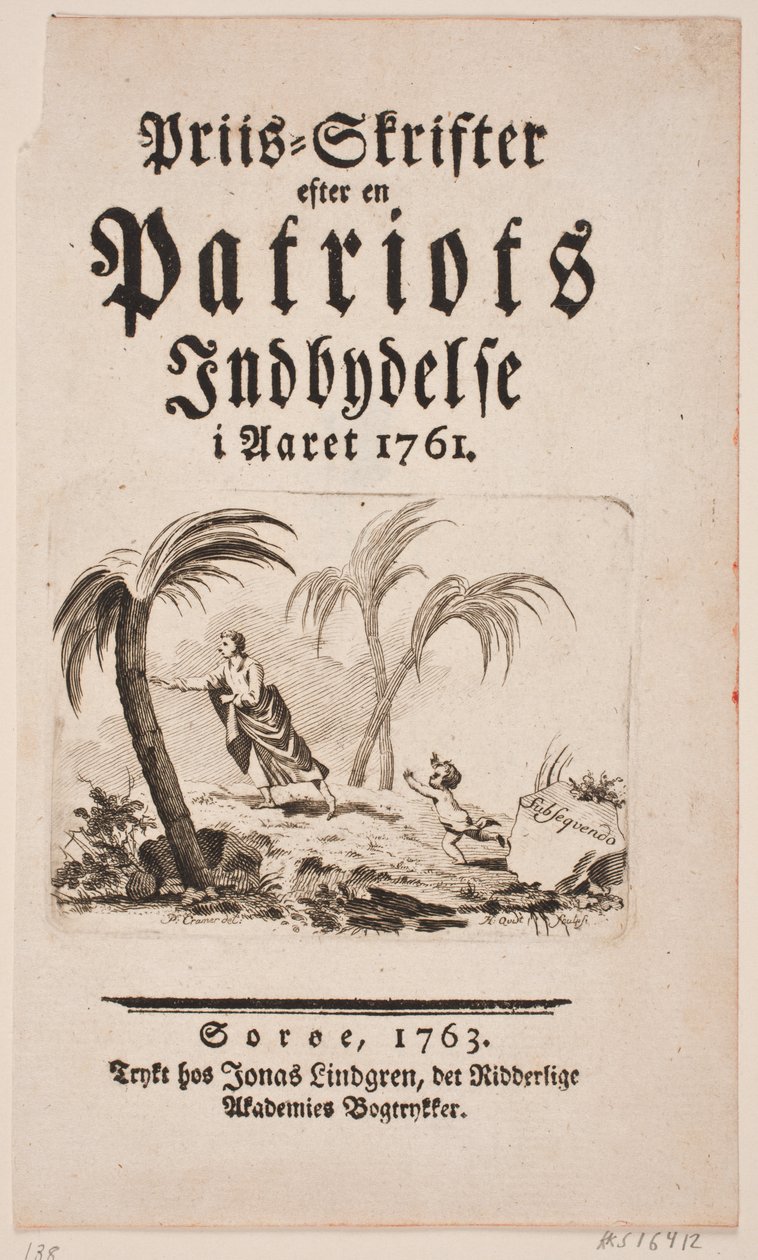 Tittelside med vignett for "Pris-Skrifter efter en patriots invitasjon i året 1761" av Hans Quist