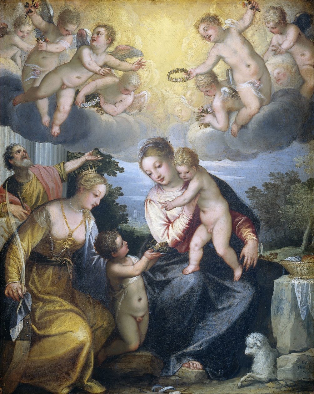 Jomfru og barn med den unge døperen Johannes og Saint Catherine av Hans Rottenhammer (I)