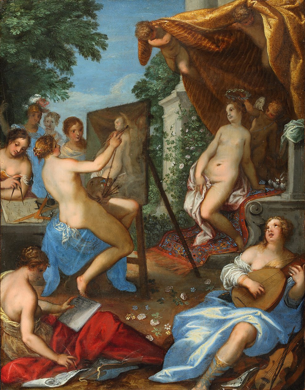Allegori over kunstene med Pictura som maler Venus av Hans Rottenhammer