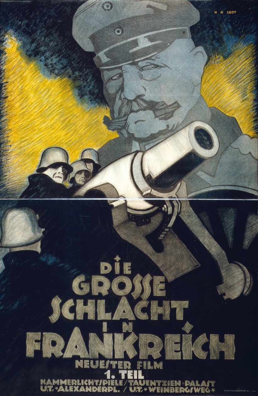 Plakat for første verdenskrigsfilm 'Die Grosse Schlacht in Frankreich' del I (Det store slaget i Frankrike): Tyske skyttere runder en morter. Feltmarskalk Hindenburg en ruvende i bakgrunnen. Hans Rudi Erdt (1883-1918) tysk kunstner av Hans Rudi Erdt