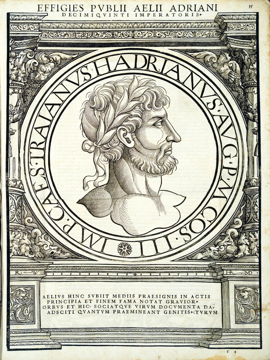 Aelius Hadrianus, illustrasjon fra de romerske keiserne i hele øst og vest, de sanneste bildene av gamle mynter, tresnitt av Rudolph Wyssenbach, trykt av Andreas Gesner, Zuri av Hans Rudolf Manuel Deutsch