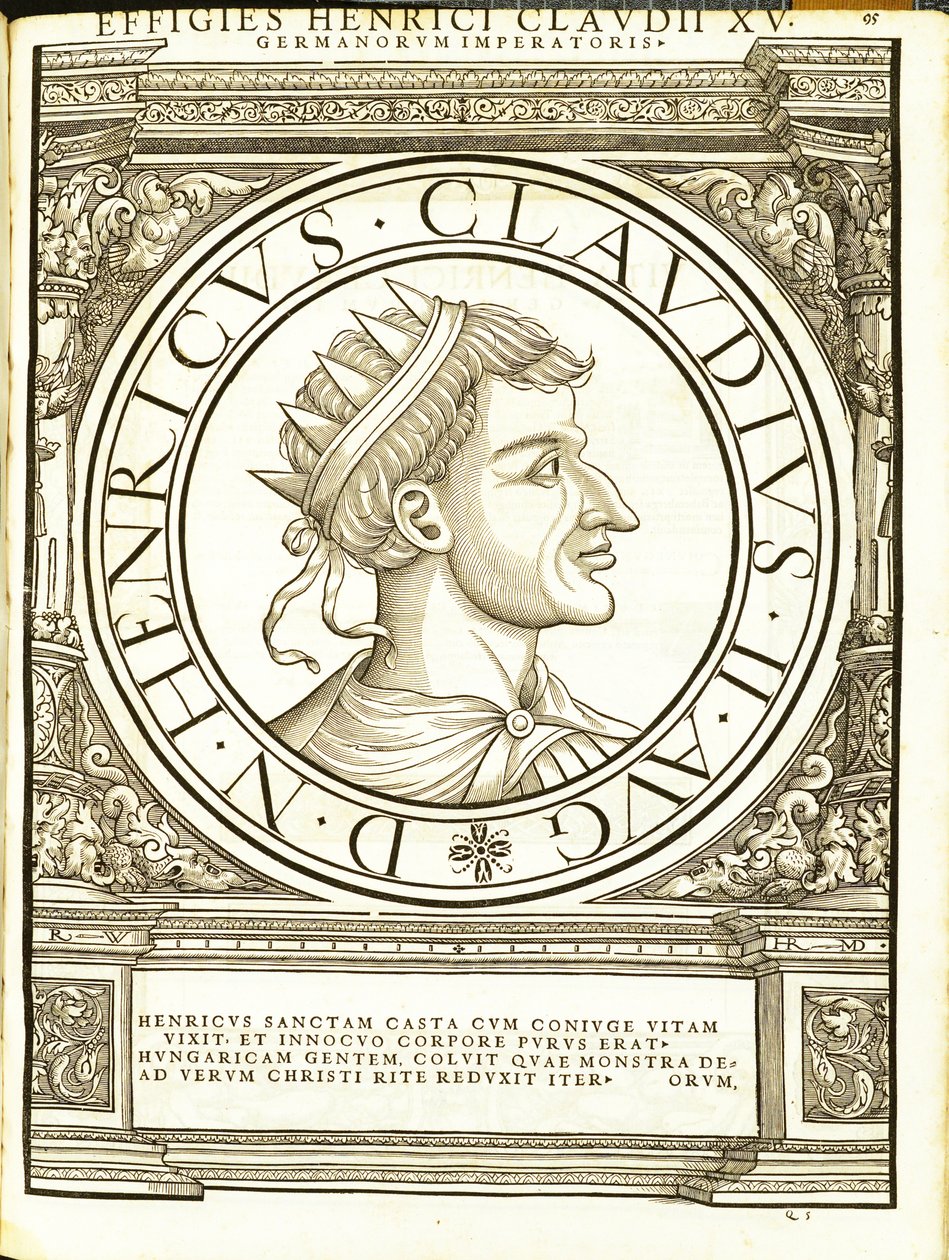 Henry II Claudus, illustrasjon fra de romerske keiserne i hele øst og vest med de mest autentiske bildene av de gamle myntene, tresnitt av Rudolph Wyssenbach, trykt av Andreas Gesner, Z av Hans Rudolf Manuel Deutsch
