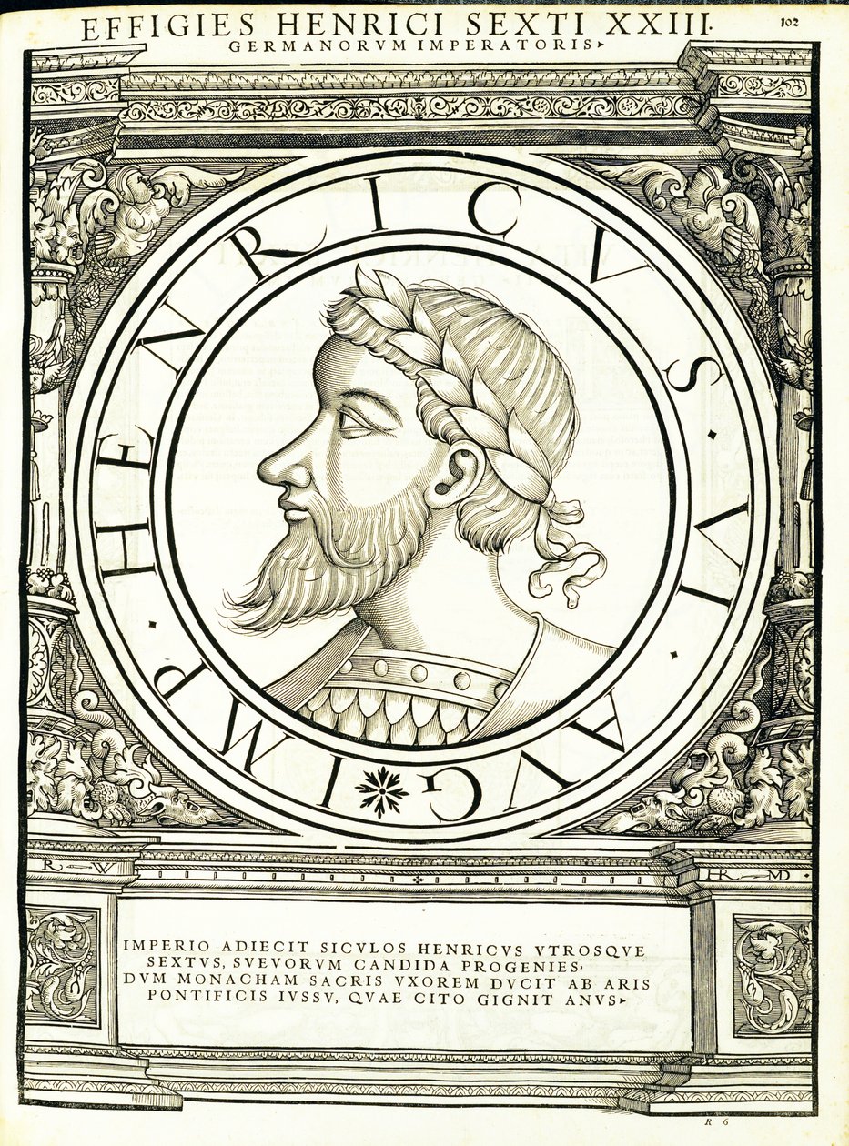 Henry VI, illustrasjon fra de mest autentiske bildene av de gamle romerske keiserne i øst og vest, tresnitt av Rudolph Wyssenbach, trykt av Andreas Gesner, Zürich, 1 av Hans Rudolf Manuel Deutsch