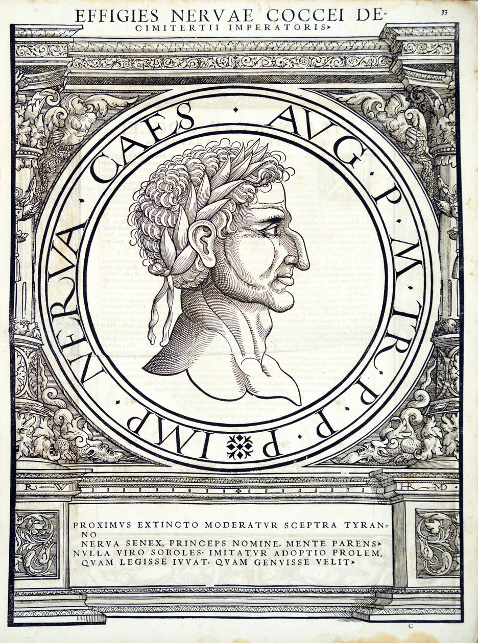 Nerva, illustrasjon fra 'The Roman Emperors of all East and West', tresnitt av Rudolph Wyssenbach, trykt av Andreas Gesner, Zürich, 1559 av Hans Rudolf Manuel Deutsch