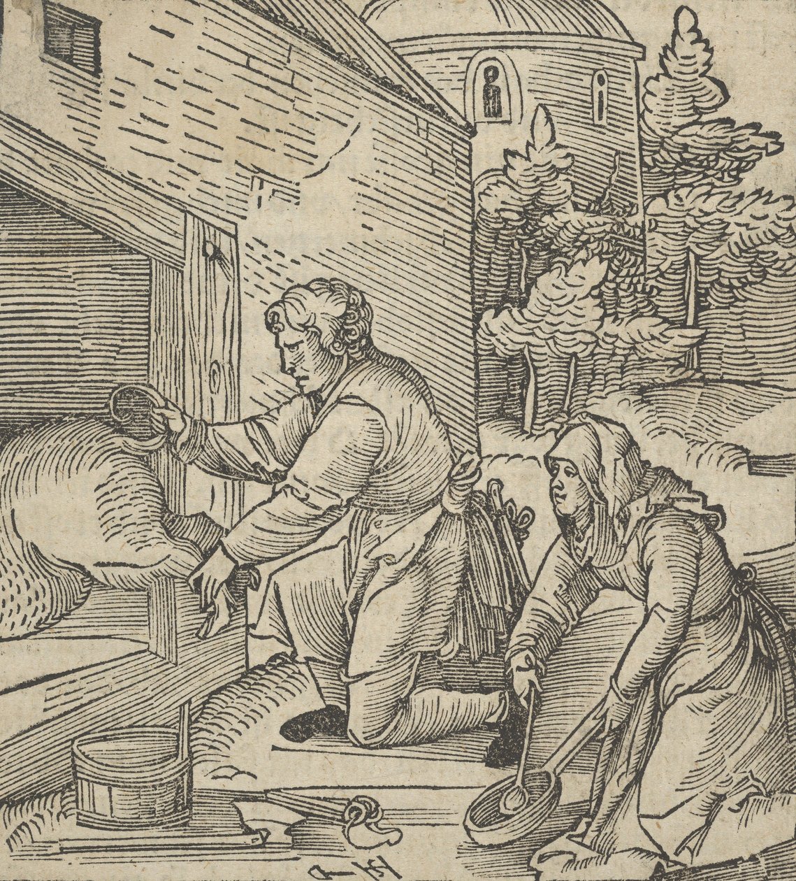 A Farmer Slaughtering a Hog, fra Hymmelwagen auff dem, wer wol leben..., 1517. av Hans Schäufelein the Elder